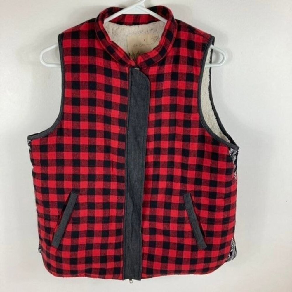 Womens En Creme Buffalo‎ Plaid Fleece Vest Red Black L